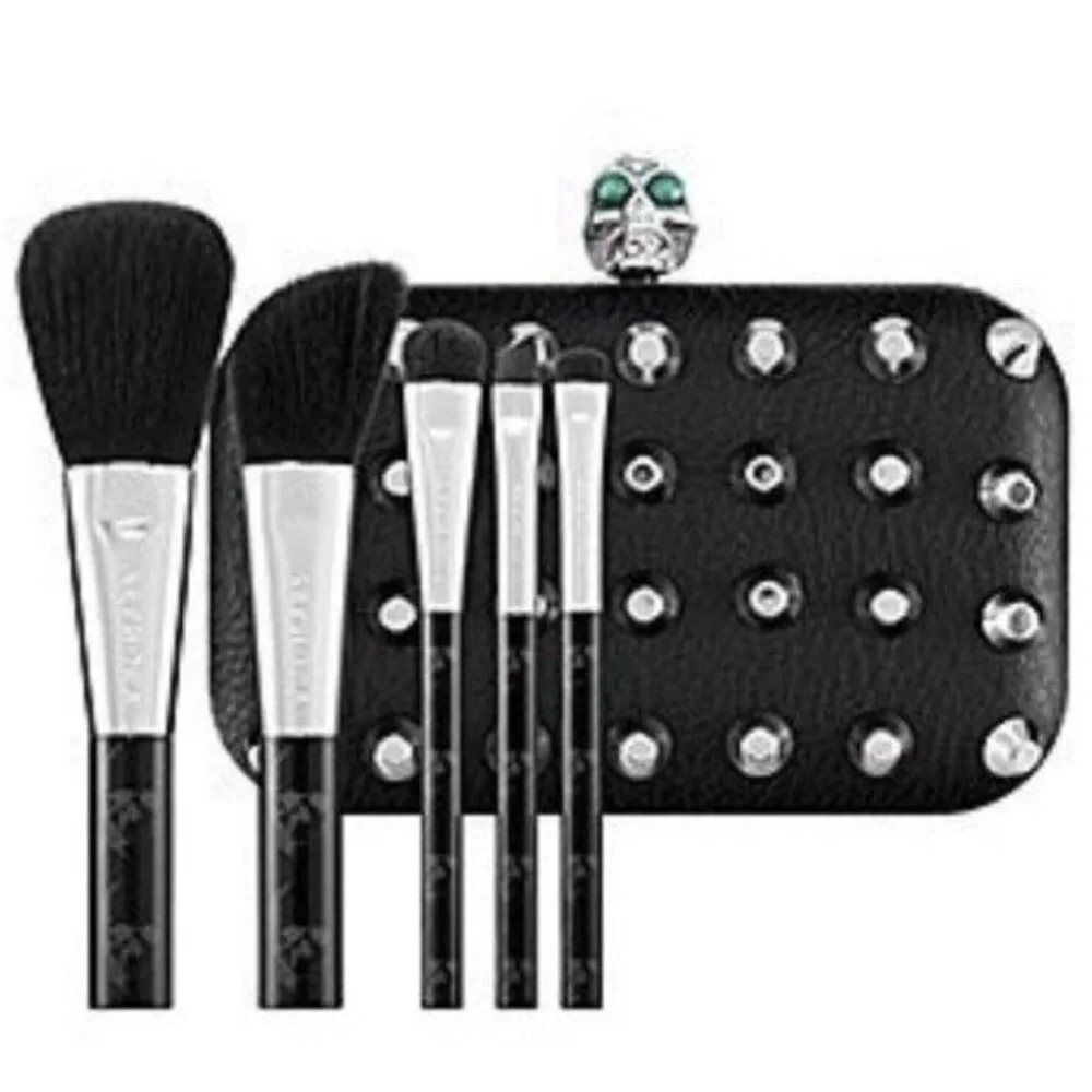 Skull evening bag black w chain clutch purse 5 piece travel skull brush set NEW
